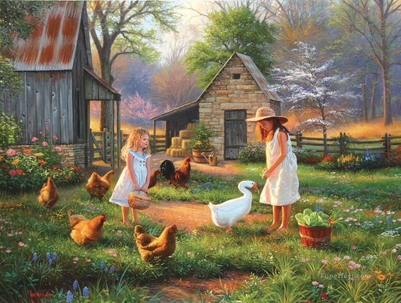 girls with goose hen at evening pet kids Oil Paintings